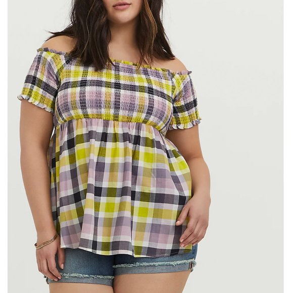 torrid Tops - TORRID Plaid Peplum Babydoll Gauze Smocked Off-Shoulder Top NWT Size 1